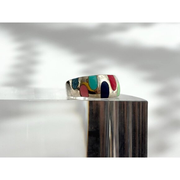 Mosaic Multi Gemstone Inlay Unusual 925 Sterling Silver Vintage Ring - sz 7 - Picture 2 of 11